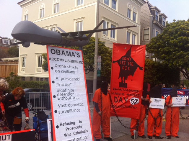 Members of the anti-war group World Can’t Wait gather outside the site of a fundraiser to be attended by President Obama in San Francisco today. Photo: Dan McMenamin
