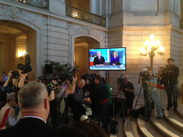June 26, 2013: People at City Hall watching @wolfblitzer for #scotus #prop8 #doma decision  Photo: Steve Phodes