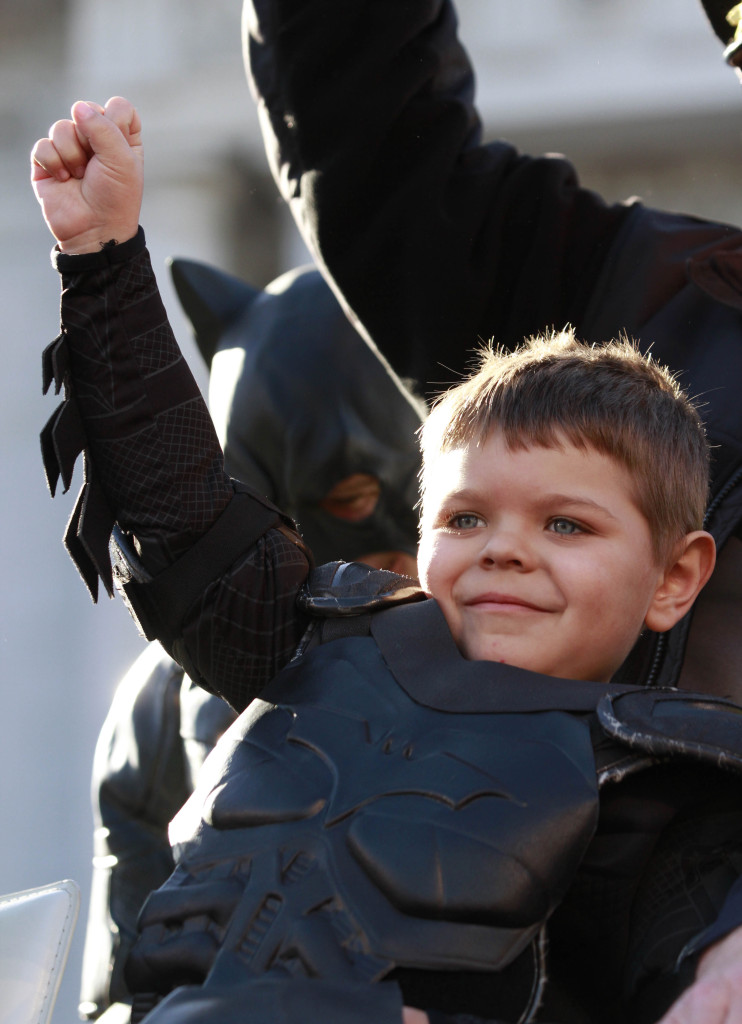 Five-years-old Miles, from Tule Lake, Calif., is dressed in a Batman costume in San Francisco, Friday, November 15, 2014. Miles, who wants to be a Batman, will embark on a series of crime-solving adventures when San Francisco is converted into “Gotham City” as part of a Make-A-Wish Foundation event. He is in a fight on his own in his battle against leukemia since he was a year old. He is now in remission. (Photo: Make-A-Wish Foundation/PaulSakuma.com)