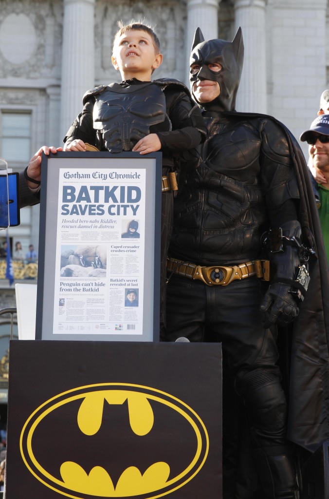 Five-years-old Miles, from Tule Lake, Calif., is dressed in a Batman costume in San Francisco, Friday, November 15, 2014. Miles, who wants to be a Batman, will embark on a series of crime-solving adventures when San Francisco is converted into “Gotham City” as part of a Make-A-Wish Foundation event. He is in a fight on his own in his battle against leukemia since he was a year old. He is now in remission. (Photo: Make-A-Wish Foundation/PaulSakuma.com)