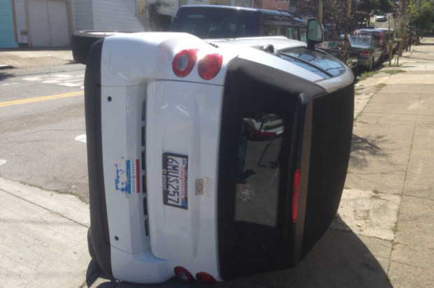 Gang Of Hooded Vandals Flip Yet Another Smart Car