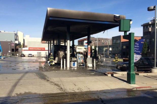 Overheated Passenger Bus Catches Fire At SOMA Gas Station